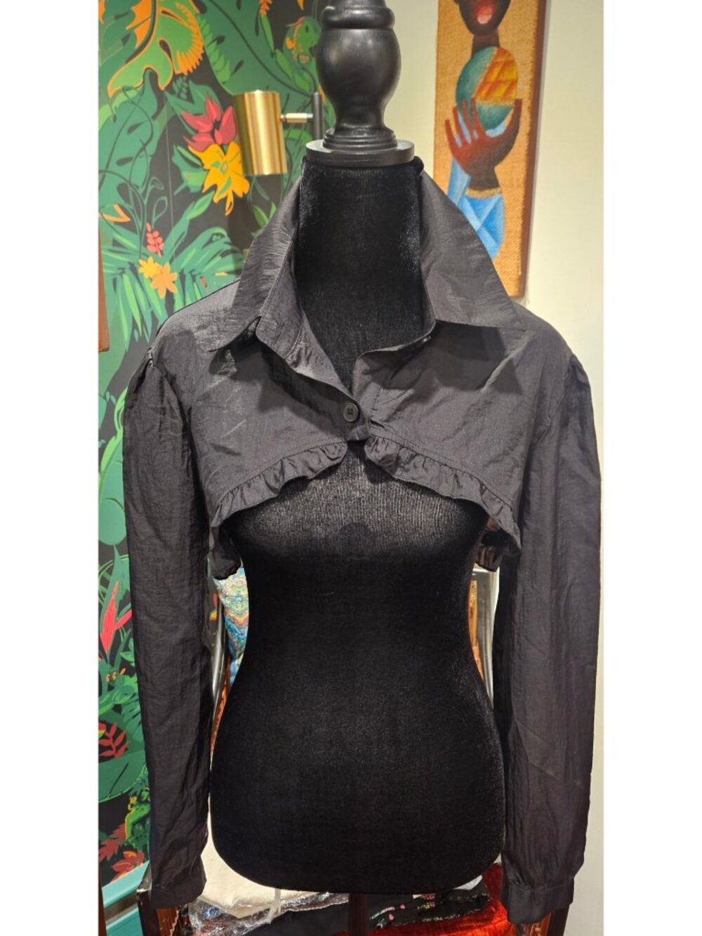 NEW Black Cropped Ruffled Shrug With Long Sleeves & Button Closure